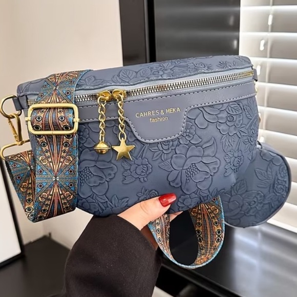 Cahres & Heka Handbags - Women’s Sky Blue Floral Embossed Crossbody Bag with Coin Pouch NWT